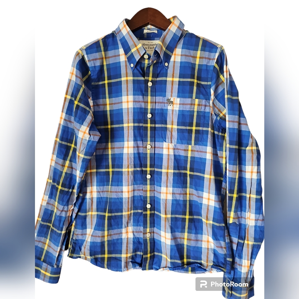 ABERCROMBIE & FITCH Men Blue Multi Plaid MUSCLE Casual Button Long Sleeve Shirt